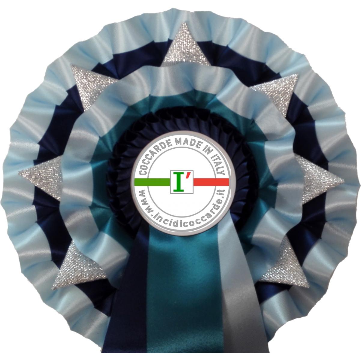 BOLIS 50 Pezzi COCCARDE Fiocco Argento Metallizzato Reflex Larghezza Nastro 3,0 CM Diametro COCCARDA 13 CM